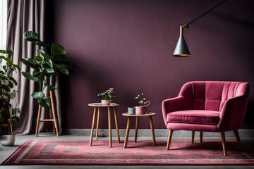Real photo of a pink armchair standing on a rug and under a lamp in spacious living room interior, next to a table with flowers and in front of a shelf next to a grey wall with dark painting.