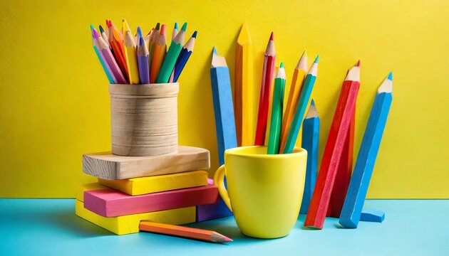 colorful wooden blocks and cup with colorful pencils on a yellow background