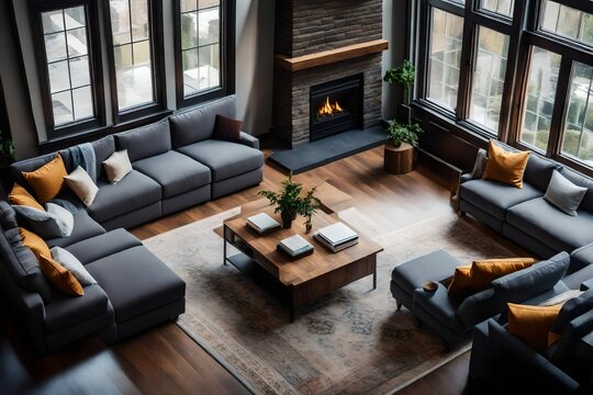 High angle view of living room with comfortable sofas and coffee table arranged in front of fireplace and next to large window.