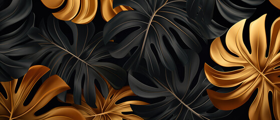 Golden and deep black tropical palm monstera leaves. Luxury Creative nature background