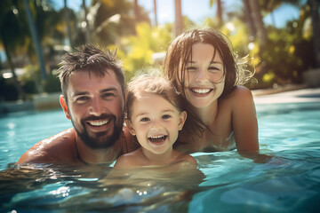 happy dad with his children swimming in the pool on a summer day on vacation at the resort - obrazy, fototapety, plakaty