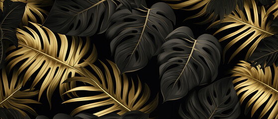 Golden and deep black tropical palm monstera leaves. Luxury Creative nature background