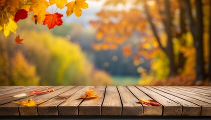 Naklejka na ściany i meble empty wooden table space with autumn blur backround