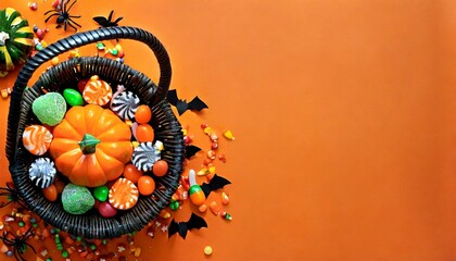 festive trick or treat tradition for kids overhead shot displaying a pumpkin basket with candies and halloween decorations on an orange background suitable for text or ad placement