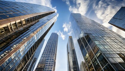 reflective skyscraper business office buildings bottom up view of big modern city urban landscape ai generative