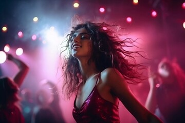 Portrait of party girl dancing in the nightclub with glowing multi-colored lights. Disco woman with curly hairstyle, modern outfit. Amazing style.