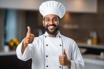 young indian chef showing thumbs up