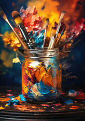 jar with paint and brushes on a colored artistic background, art, creative, gouache, oil, acrylic, watercolor, strokes, stains, illustration, wall, table, studio, artist&rsquo;s workshop