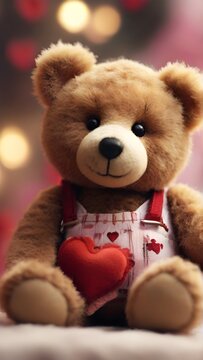 Close-up details of a teddy bear holding a heart against a background of Valentine's Day motifs, background image, generative AI