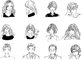 おしゃれな線画の人物アイコンセット