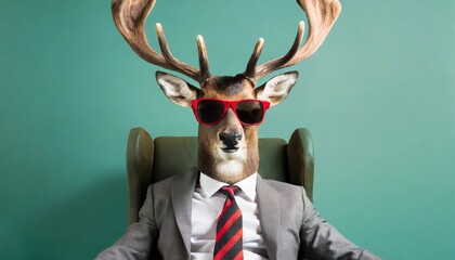 trendy christmas rudolph deer with sunglasses and business suit sitting like a boss in chair creative animal concept banner pastel teal green background - obrazy, fototapety, plakaty