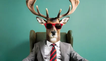 Schilderijen op glas trendy christmas rudolph deer with sunglasses and business suit sitting like a boss in chair creative animal concept banner pastel teal green background © Ryan