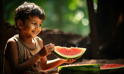 Happy child is enjoying eating fresh watermelon during hot summer day