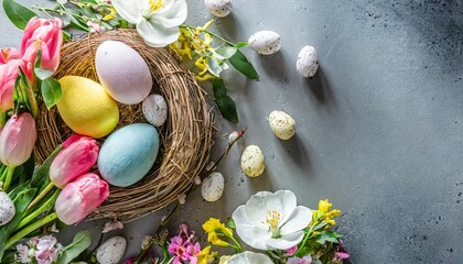 Obraz na płótnie Canvas happy easter concept with easter eggs in nest and spring flowers easter background with copy space flat lay
