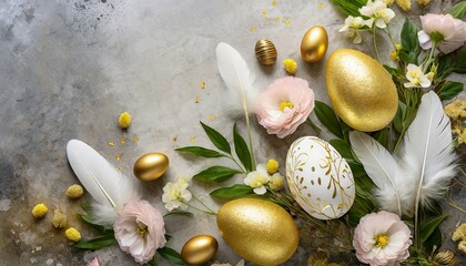 happy easter concept with golden easter eggs feathers and spring flowers easter background with...