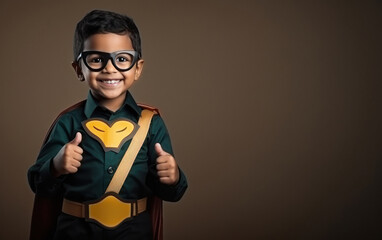 cute indian little boy wearing superhero custom