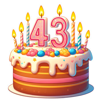 43 year old birthday cake or 43 year anniversary cake celebration with balloons and party decoration transparent background