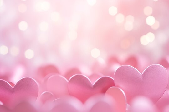 Pink hearts with a soft-focus and sparkling bokeh effect. Blurry background. Whimsical love. Valentine's Day backdrop. Romantic design for banner, greeting card. Free space for text