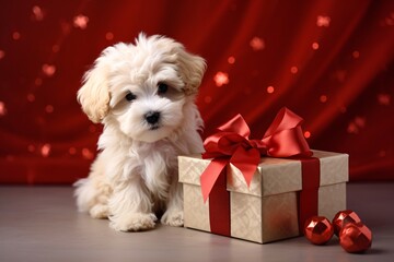 Adorable fluffy puppy next to a gift box with a red bow on a festive background. Holiday cheer. Valentine's Day surprise. Heartwarming animal scene. Cute pet