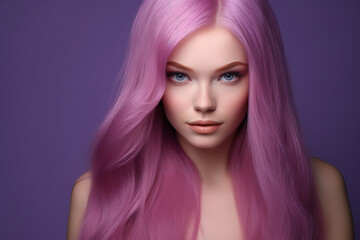 Fototapeta premium portrait of a young woman with pink long hair isolated on a purple background