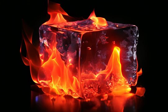 Burning ice cube with fire flames isolated on black background animation