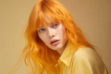 portrait of a young woman with yellow short hair isolated on a yellow background