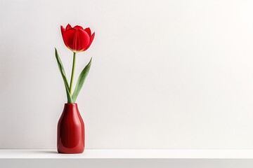 Single red tulip in a sleek vase against a clean white backdrop. Minimalist elegance. Valentine's Day simplicity. Minimalistic design for banner, backdrop, card with free space for text