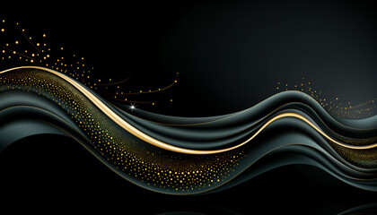 Abstract smooth golden and dark emerald colored wavy lines with golden glitter in front of dark backdrop. Luxury concept banner.