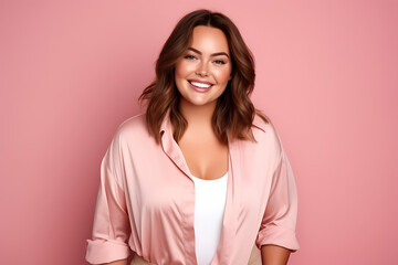 portrait of happy and smiling young plus size woman isolated on light pink background - Powered by Adobe