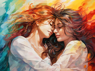 Two young beautiful happy women hug each other on a multicolored rainbow background