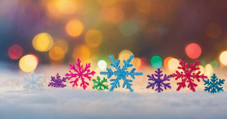 Fototapeta na wymiar The image depicts a beautifully detailed snowflake against a colorful, bokeh background. The snowflake exhibits intricate, symmetrical patterns and appears to be made of ice or crystal.