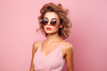 Summer portrait of a beautiful young woman in sunglasses and stylish dress isolated on a light pink background.