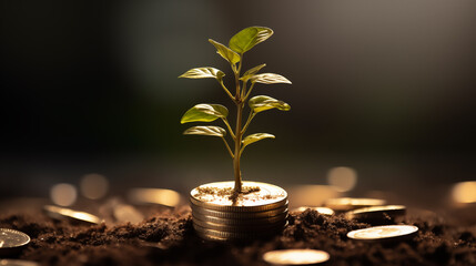 Trees that grow on coins, savings and investment growth environmental marketing future investment - obrazy, fototapety, plakaty