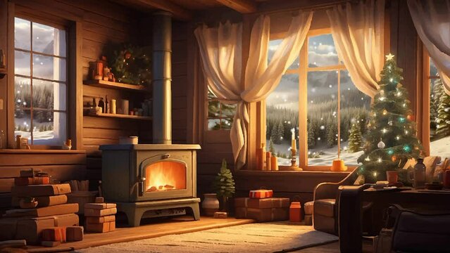 Christmas decorations in a wooden room with windows showing snow mountain and pine. Video background animation
