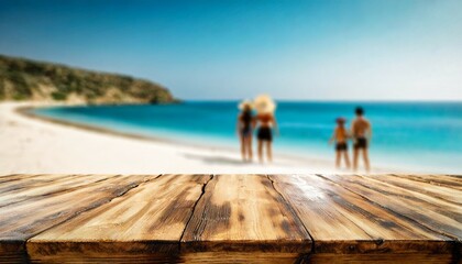 Fototapeta na wymiar wood table top on blurred blue sea and white sand beach background with some people