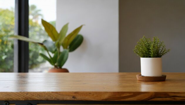 close up image of mockup space on a minimal wooden tabletop in a minimalist room