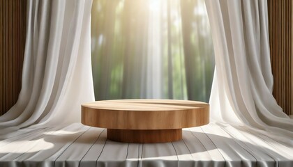 empty modern round wooden podium side table in soft white blowing drapery curtain drapes in sunlight for luxury cosmetic skincare beauty treatment fashion product display background 3d