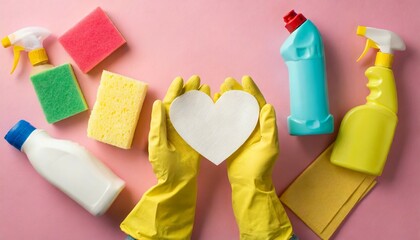 top view photo of hands in yellow rubber gloves holding white paper heart detergent bottles multicolor rags scouring pads on pink background with copyspace