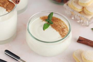 Glasses with traditional Italian dessert Zabaione made of eggs, sugar and wine