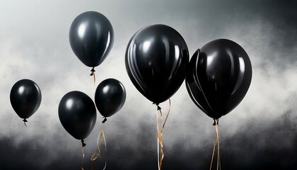 bunch of black balloons floating in the air over background