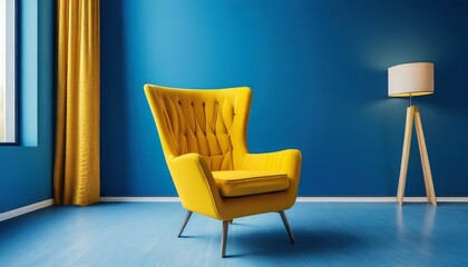 a bright yellow armchair is situated in a blue room that is unoccupied and has a blue floor the minimalist idea a mockup generative ai