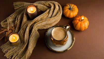 set the autumn mood with this top view photo of a gilded cup of coffee patchy scarf with pumpkin candles on brown backdrop make it a perfect composition for text or advert placement
