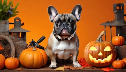 french bulldog sitting with a jack o lantern pumpkin on an orange background for halloween created with ai generative tools