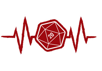 Vector medical pulse red line with symbol of 20 double sided cubes. Board Games. White background.