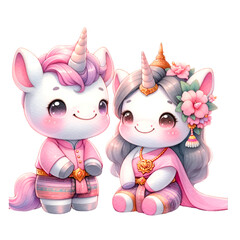 Fototapeta premium Watercolor illustration of a cute chubby unicorn character celebrating Valentine's Day while wearing a Thai Dress.