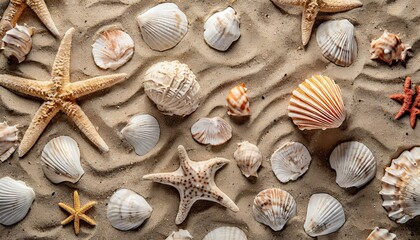 Fototapeta na wymiar top view of a sandy beach texture with imprints of exotic seashells and starfish as natural textured background