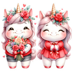 Watercolor illustration of a cute chubby unicorn couple character wearing red outfit celebrating Valentine's Day.