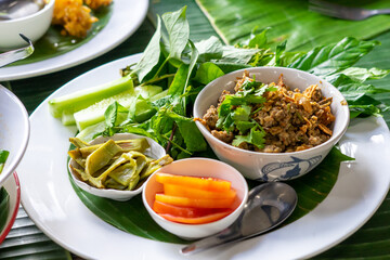Thai food Spicy Minced Fish Salad,Eaten with fresh vegetables