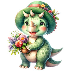 Watercolor illustration of a cute dinosaur character wearing a cute hat and holding a beautiful flower bouquet.