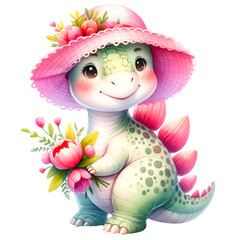 Watercolor illustration of a cute dinosaur character wearing a cute hat and holding a beautiful flower bouquet.